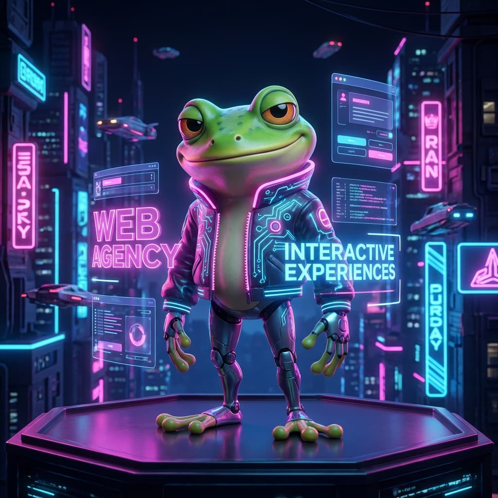 Interactive cartoon frog character with cyberpunk gear
